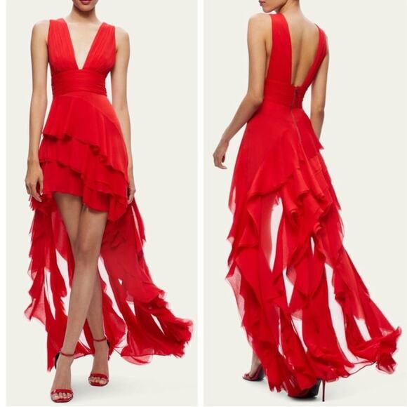 Alice + Olivia Holly Ruffle Tiered Asymmetric High Low Red Maxi Dress Sz 2 - Picture 1 of 11